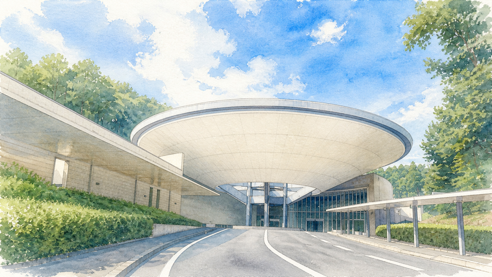 厚木市斎場の外観を描いた水彩画