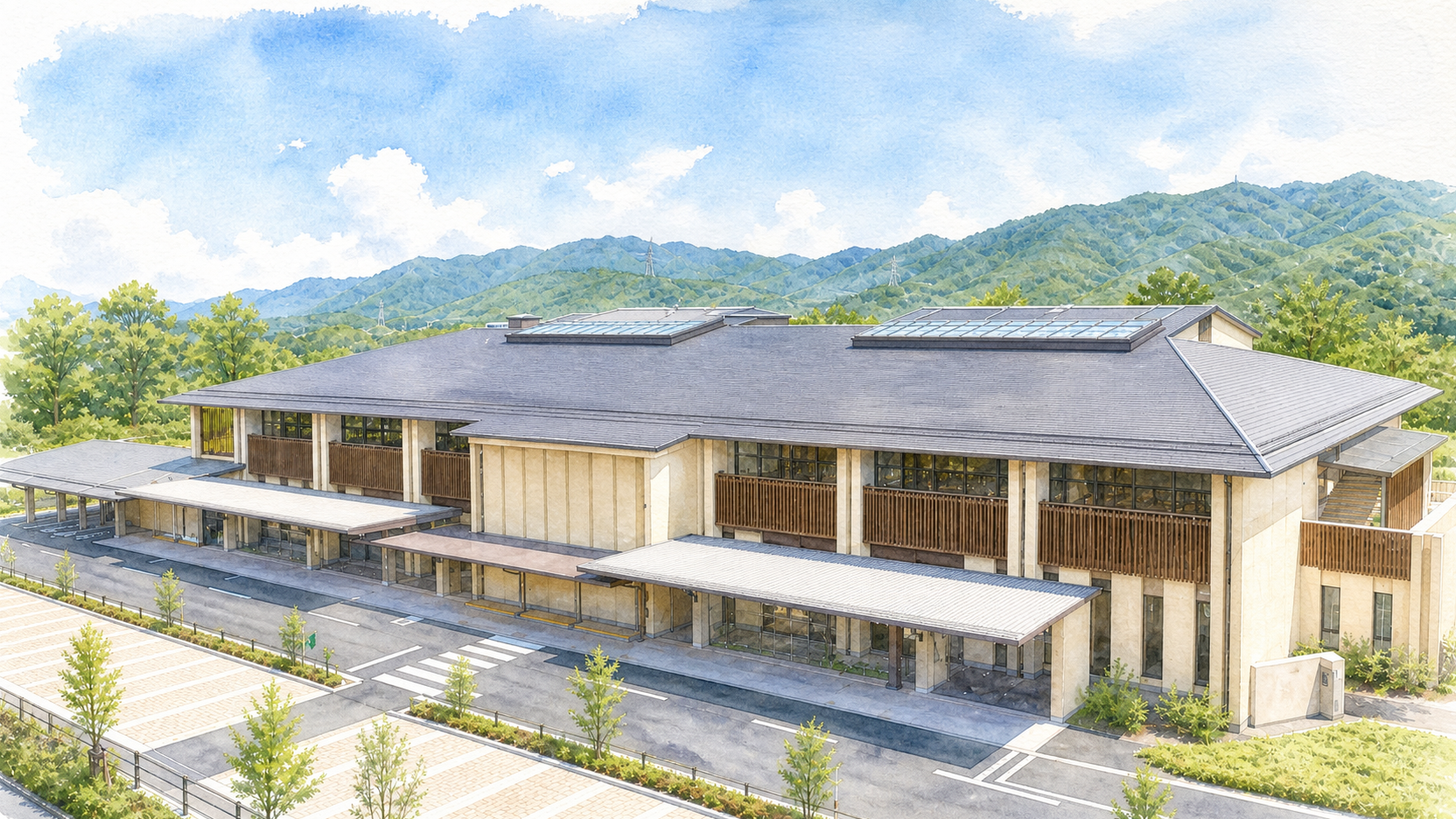 秦野斎場の外観を描いた水彩画