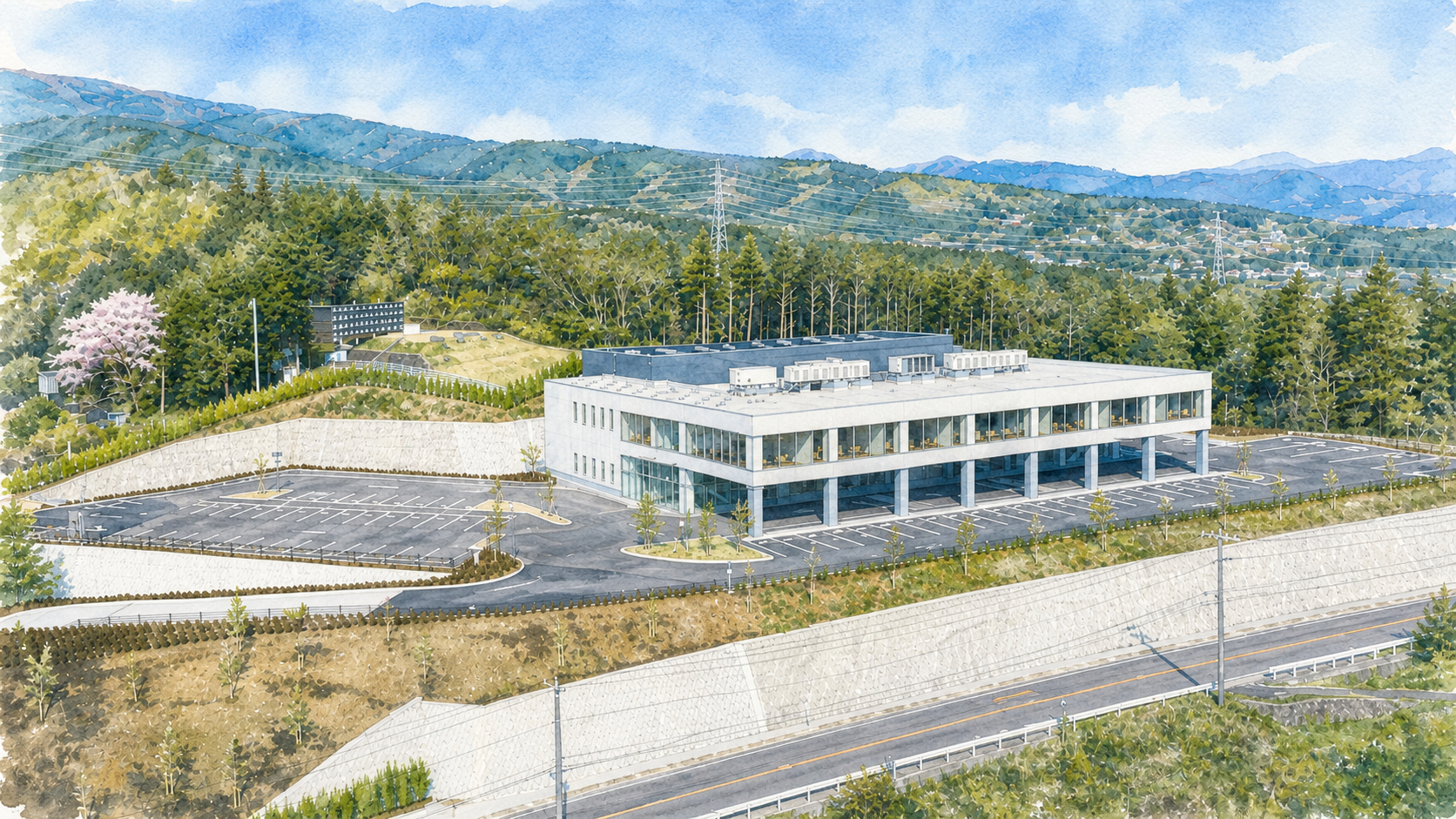 小田原市斎場の外観を描いた水彩画