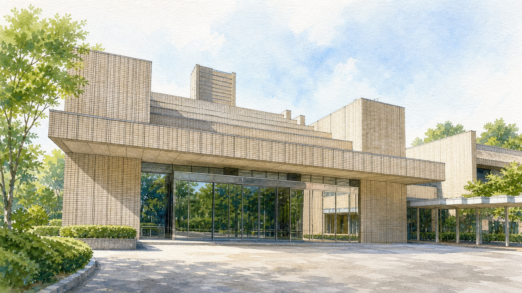 横浜市戸塚斎場の外観を描いた水彩画