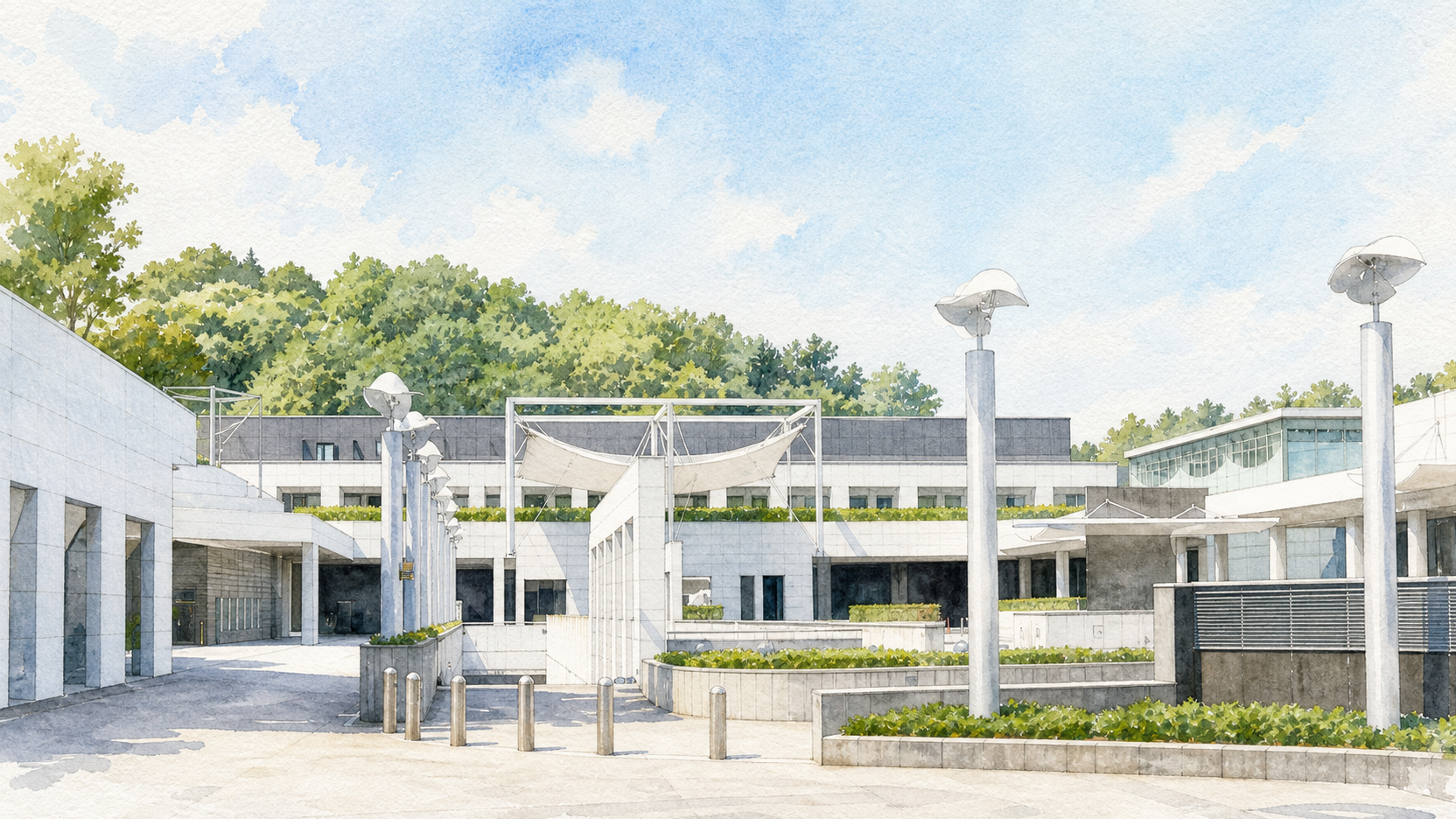 横浜市北部斎場の外観を描いた水彩画