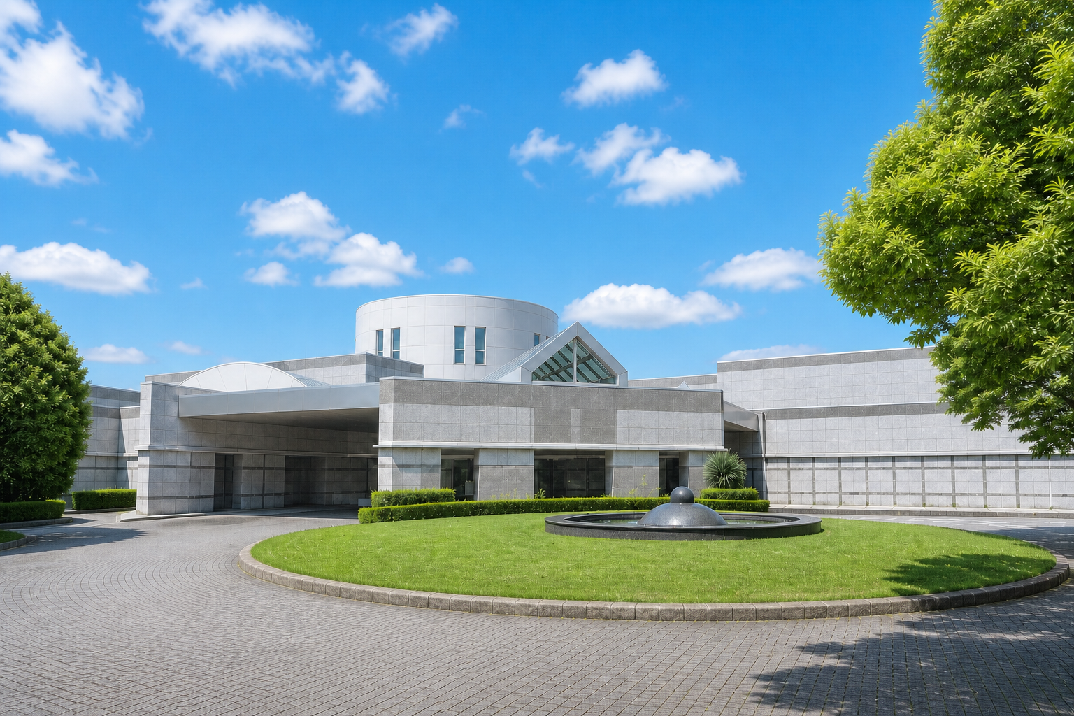 青空の下に建つ平塚市聖苑の外観イメージ（実写風）