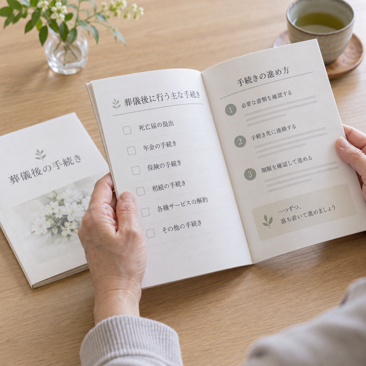 葬儀後の手続きの冊子を読むイメージ
