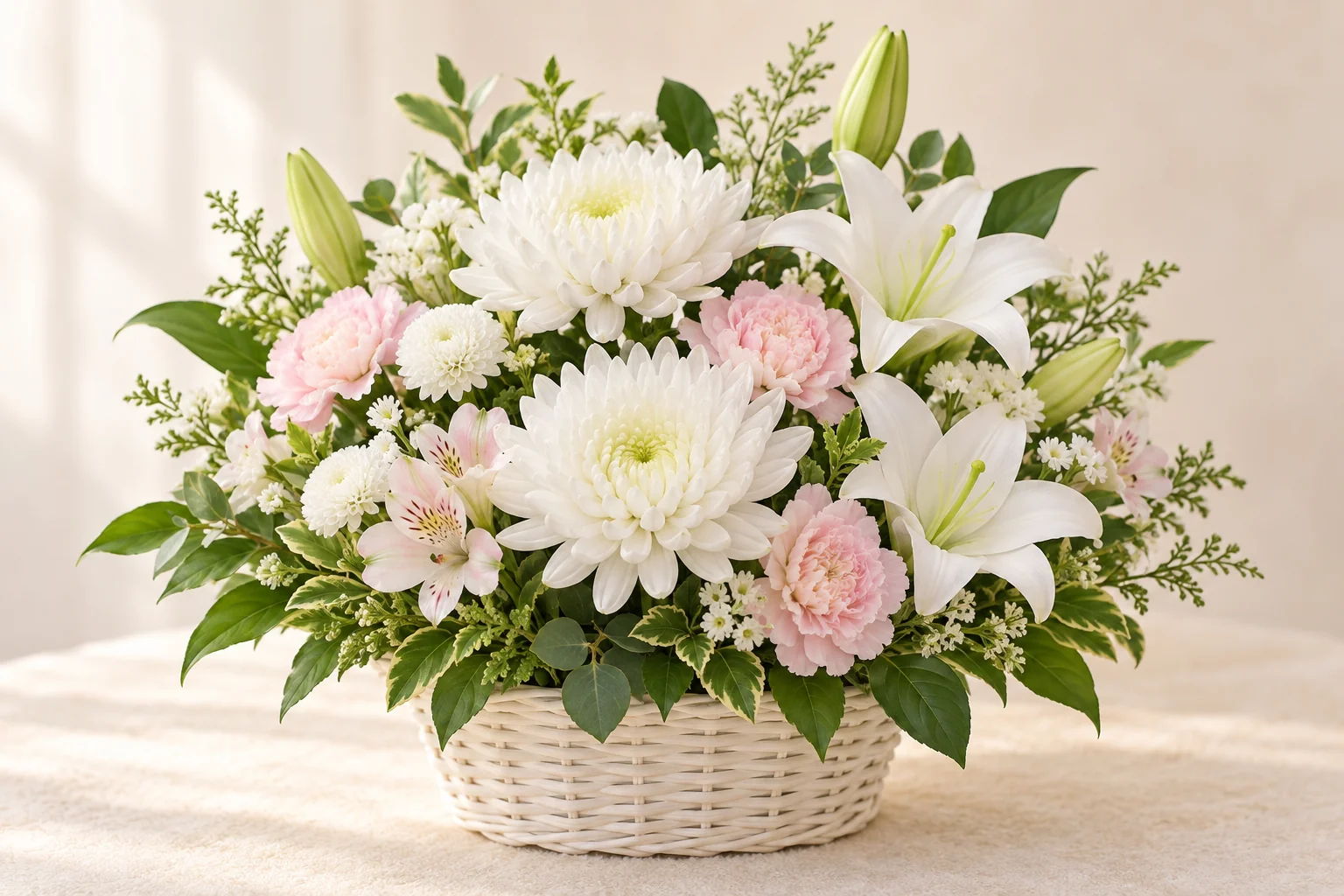 白い花を中心とした生花のイメージ